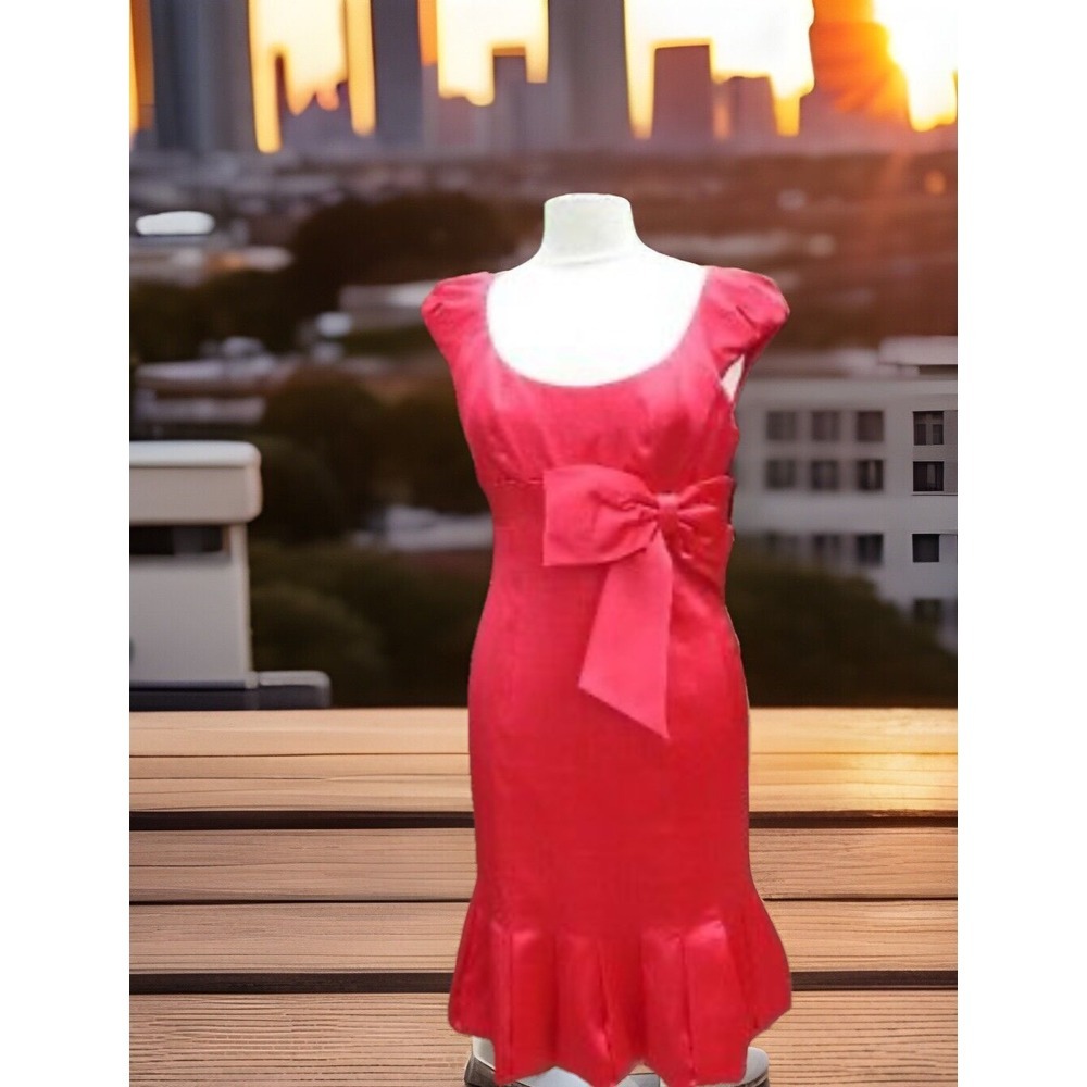 Karen Millen Women Size 8 Statement Bow Bubble Hem Cocktail Dress Red Satin
